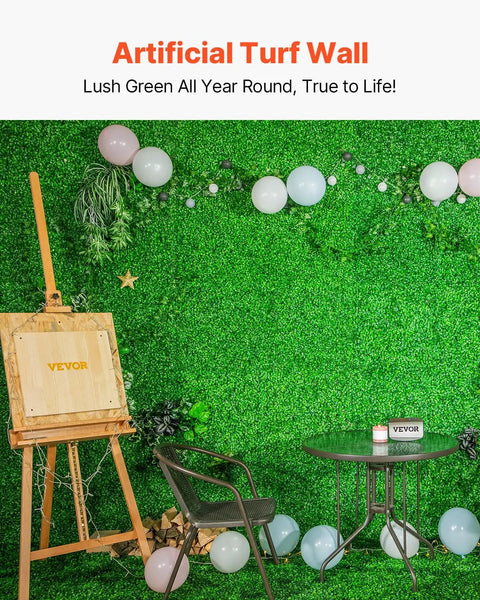 Artificial Boxwood Panel Set 24 Pack 20x20 Inch Green Hedge Wall Panels for privacy with decorative balloons and easel setup.