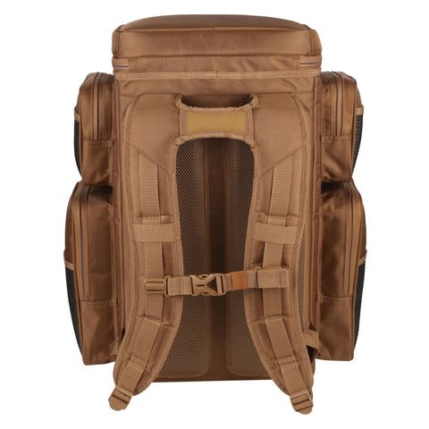 Back view of Drift Series 3700 Tackle Backpack With QuikLatch System And Two Rod Holders Coyote Color, showing padded straps.