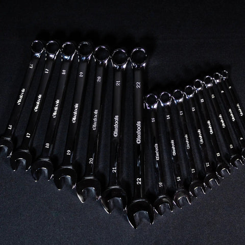 Beefy Metric Wrench Set 15-Piece 8mm To 22mm, Unbreakable Chrome Vanadium Steel With Polycarbonate Handles on black background