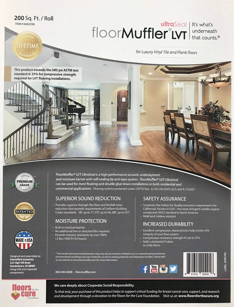 Ultra Seal Underlayment for LVT and LVP Flooring packaging highlighting features and benefits, 200 Sq Ft coverage, for vinyl tile installation.