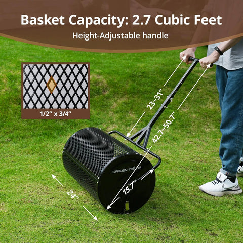 24 Inch Compost Spreader For Lawns With Installation Support Accessories Metal Mesh Roller Spreader in use on grass