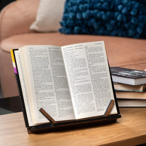 Walnut Wood Cookbook Stand Hands Free Reading For Kitchen Tablet Holder adjustable bookstand on table with open book