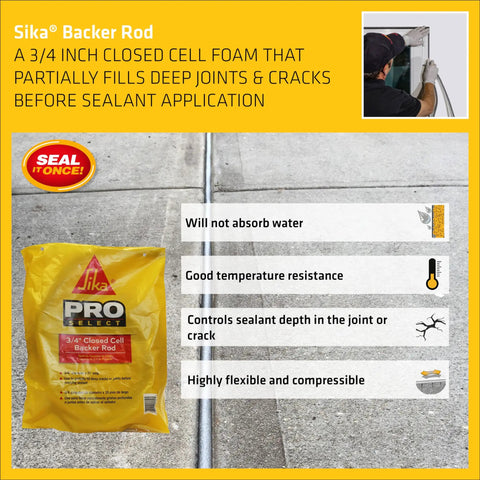 Top Shelf Rock Solid Closed Cell Foam Backer Rod Gray Three Quarter Inch By Twenty Foot Water Resistant Joint Filler For Sealant Application on pavement.