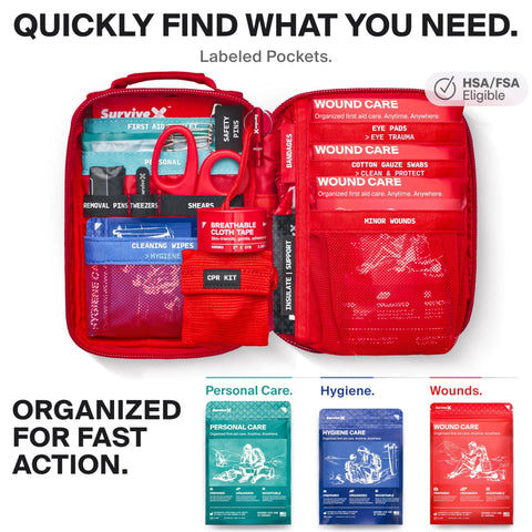 SurviveX red first aid kit, open to show labeled pockets and three color-coded pouches.