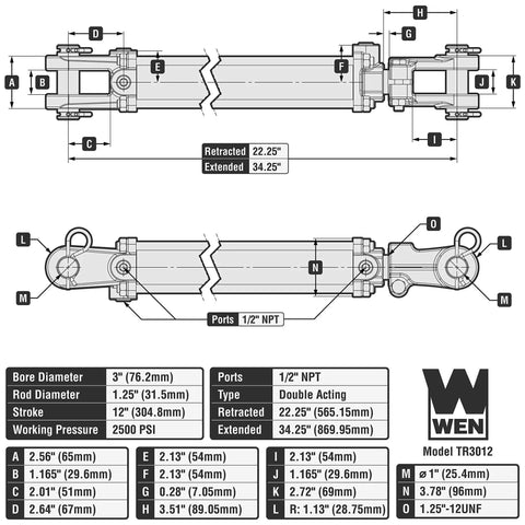 Diagram of 2500 PSI Tie Rod Hydraulic Cylinder with 3 inch bore, 12 inch stroke, 1/2 inch NPT port showing dimensions and specifications.