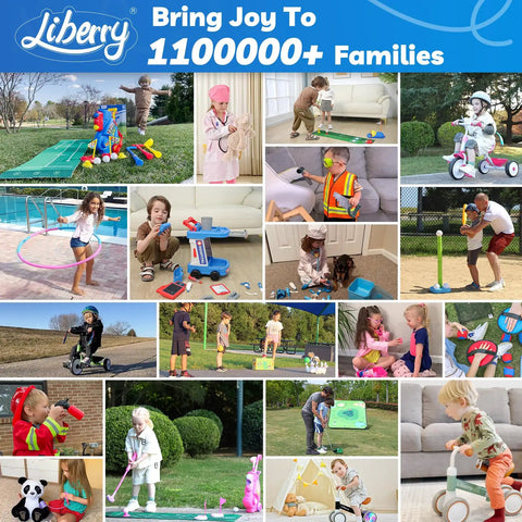 Collage of kids playing with Liberry toys, including Toddler Golf Set for 2 3 4 5 Year Old Boys and Girls Upgraded Indoor Outdoor Golf Cart.