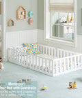 Twin Size Solid Wood Montessori Floor Bed Frame With Secure Guard Rail And Playful Front Door Design Delivers No Sweat Assembly And Smooth Big Kid Sleep Upgrade For Growing Toddlers Daily in a cozy room setting.