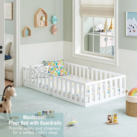 Twin Size Solid Wood Montessori Floor Bed Frame With Secure Guard Rail And Playful Front Door Design Delivers No Sweat Assembly And Smooth Big Kid Sleep Upgrade For Growing Toddlers Daily in a cozy room setting.