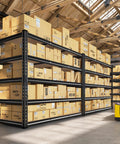 Heavy Duty Five Tier Garage Shelving Unit, 3080 Lbs Capacity, 24 Inch Deep Warehouse Shelves For Totes And Gear, Sturdy Steel Racking With Flat Overhang Free Shelves And Easy Assembly, black steel warehouse shelving loaded with boxes