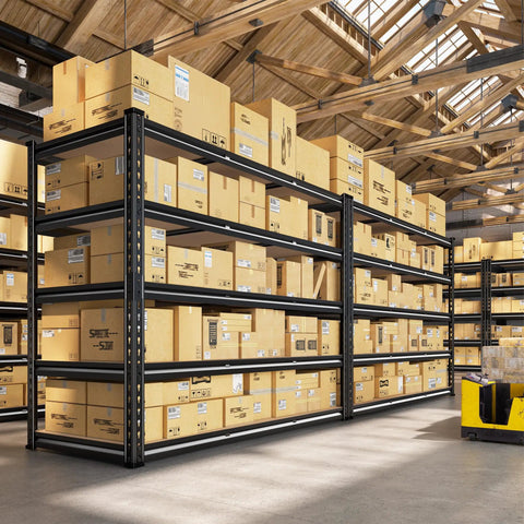 Heavy Duty Five Tier Garage Shelving Unit, 3080 Lbs Capacity, 24 Inch Deep Warehouse Shelves For Totes And Gear, Sturdy Steel Racking With Flat Overhang Free Shelves And Easy Assembly, black steel warehouse shelving loaded with boxes