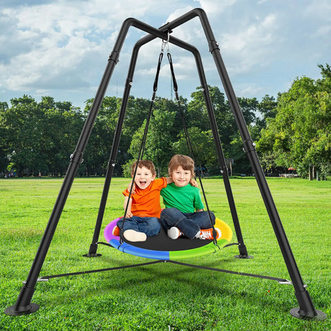 Sturdy Heavy Duty Swing Frame Stand For Kids And Adults Up To 330 Lbs Fits Most Swings For Indoor And Outdoor Use Ground Stakes For Extra Stability Black Backyard Ready All Weather with two children playing