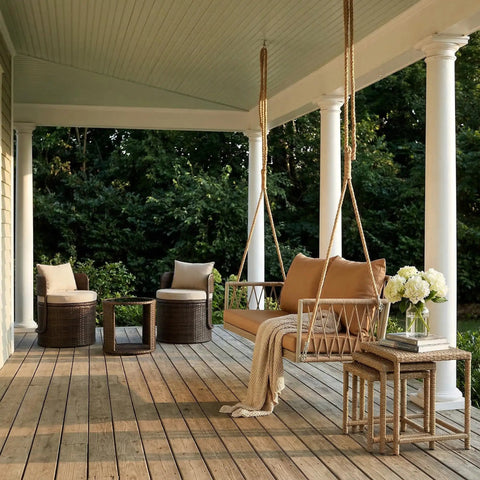 Wicker Porch Swing With Cushioned Seat And Armrests Hangout Ready Outdoor Hanging Swing Bed With Steel Chains on patio