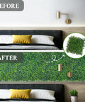 Before and after view of 12 Pack 10x10 Inch Faux Boxwood Wall Panels for indoor privacy; faux greenery installed above bedroom headboard