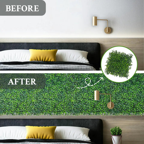 Before and after view of 12 Pack 10x10 Inch Faux Boxwood Wall Panels for indoor privacy; faux greenery installed above bedroom headboard
