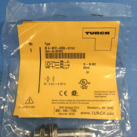 Inductive Proximity Sensor M12 Eurofast Male 12mm Round 4mm Sensing Range 4 Pin PNP Normally Open in packaging with label visible