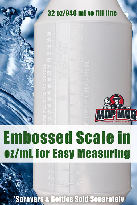 Heavy Duty Chemical Resistant Spray Bottles, 32 Oz Four Pack with clear measuring etchings showing 32 oz and ml scale.