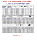Addition Squeezer Dies Sizes chart displaying various part numbers and styles for the Kickass Hand Rivet Squeezer tool.