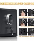 Fingerprint Fireproof Home Safe That Keeps Your Stuff Safe With Fireproof Document Bag And Removable Shelf Digital Security Safe For Cash Jewelry And Valuables 1.0 Cubic Feet Capacity Quick Access Biometric Lock And Code Pad with open door and keypad view