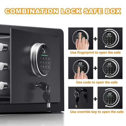 Fingerprint Fireproof Home Safe That Keeps Your Stuff Safe With Fireproof Document Bag And Removable Shelf Digital Security Safe For Cash Jewelry And Valuables 1.0 Cubic Feet Capacity Quick Access Biometric Lock And Code Pad with open door and keypad view