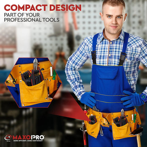 Man in blue overalls with tool belt in workshop, holding tools, showcasing compact design for professional use.