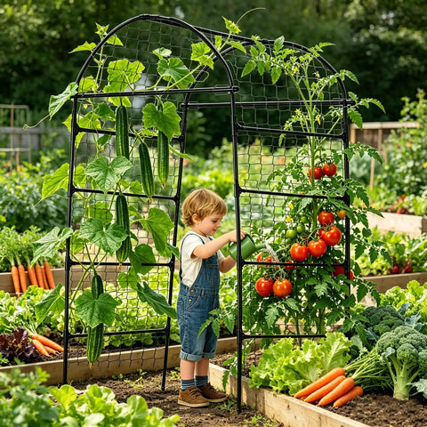 Child tending plants on Heavy Duty 80 Inch Tall Garden Arch Trellis For Climbing Plants Outdoor Metal Vine Support Black Yard Ready Sturdy Arch Design Ideal For Flowers Vegetables Tomatoes Grapes And More 33 Inches Long By 33 Inches Wide By 80 Inches High.