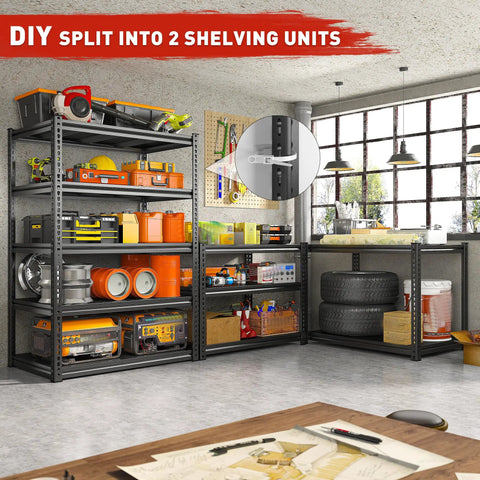 72 Inch High Garage Shelving Unit With 2500 Lbs Total Capacity For Home Garages And Light Commercial Use, Beefy Steel Storage Racks To Stash Tools, Parts, Boxes, Inventory And More split into two units in a garage