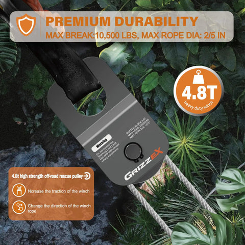 Rugged Heavy Duty Winch Snatch Block For Off Road Recovery, 10,500 Lbs Working Load Limit, gray design with cable attached.