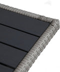 Corner detail of Outdoor Must Have Transitional Metal And All Weather Wicker Square Patio Table With Granite Base showing PE wicker edging.