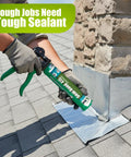 Applying gutter sealant on roof flashing with caulk gun, durable sealant for gutters, seams, downspouts, hybrid polymer