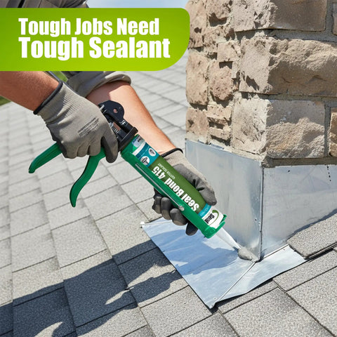 Applying gutter sealant on roof flashing with caulk gun, durable sealant for gutters, seams, downspouts, hybrid polymer