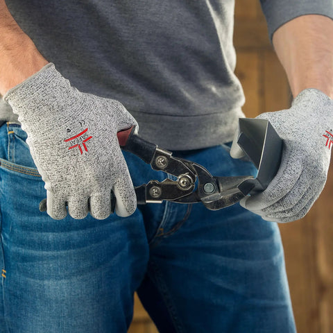 Man using Durable Work Gloves With PU Coated Palm For Men And Women, Cut Resistant EN 388 Level 5 HPPE Liner, cutting metal