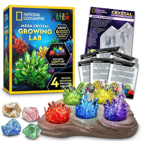 Mega Crystal Growing Kit For Kids Grow 6 Colorful Crystals With Light Up Stand Fast Growing Kid Friendly Science Gift For Ages 8 To 12 Crystal Making Experiment For Girls And Boys, featuring colorful crystals and instructional materials.