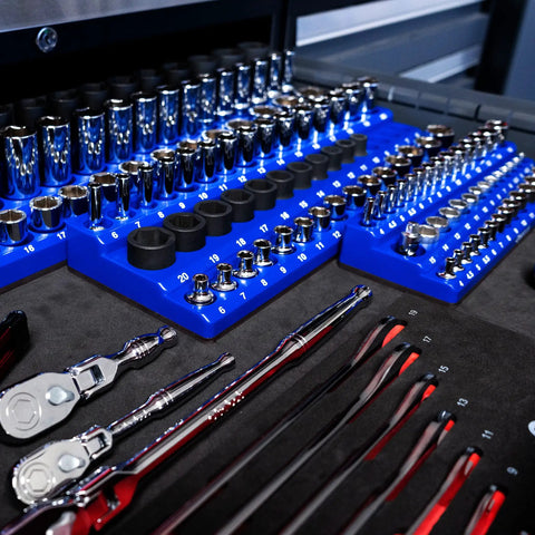 Magnetic Socket Organizer For One Fourth Inch Drive 3 Row Tool Holder In Metric Blue Holds 42 Sockets neatly in tool drawer