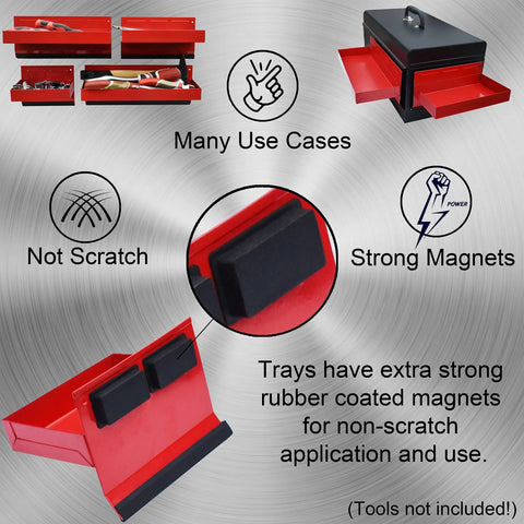 4 Piece Magnetic Tool Tray Set With Red Metal Trays And Strong Magnets For Van Workshop Storage And Garage Toolbox Organization Includes 12 10 8 And 6 Inch Trays For Small Parts And Tools shown in use with non-scratch magnets and storage applications