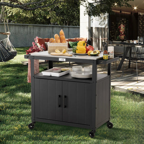 Outdoor Grill Cart With Stainless Steel Tabletop And Storage Cabinet Movable Kitchen Island On Wheels For BBQ Prep