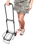 Foldable Lightweight Two Wheel Shopping Cart Dolly With Easy Open Design shown next to person for size reference