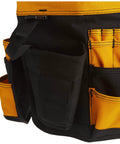 Close-up of black and yellow In And Out Bucket With 61 Pockets 36 Exterior Triple Row Pockets And 25 Interior Pockets Heavy Duty Tool Organizer Bag