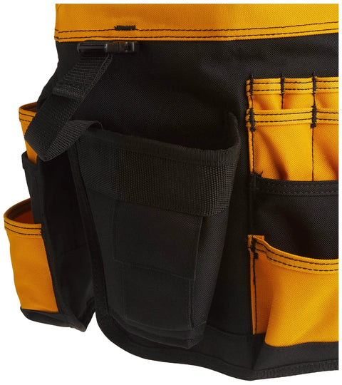 Close-up of black and yellow In And Out Bucket With 61 Pockets 36 Exterior Triple Row Pockets And 25 Interior Pockets Heavy Duty Tool Organizer Bag