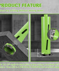 BETTERI 2.5in dry core drill bit with pilot bit and SDS/Hex adapters; front view cutting concrete, side view green drill.