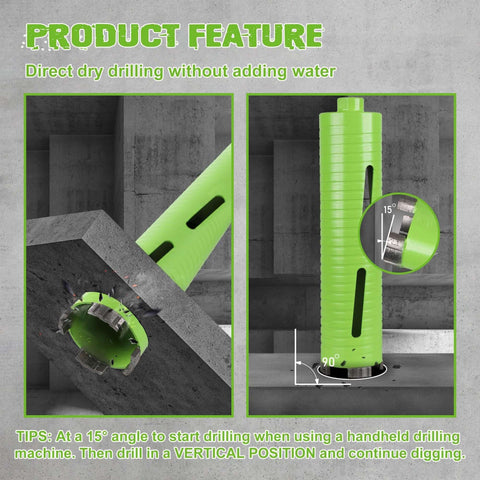 BETTERI 2.5in dry core drill bit with pilot bit and SDS/Hex adapters; front view cutting concrete, side view green drill.