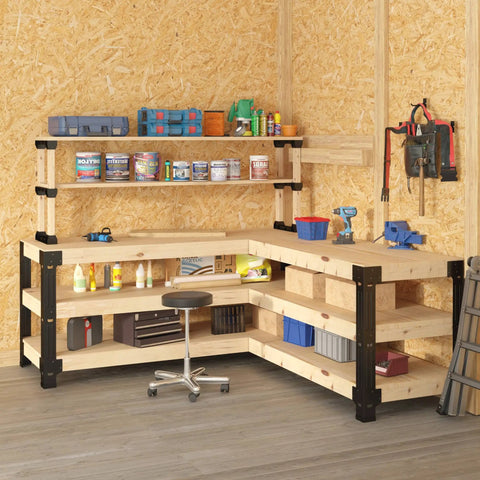 Steel Workbench Kit With 5 Steel Legs And Shelf Brackets, L Shaped Heavy Duty Work Table For Garage And Workshop in corner setup