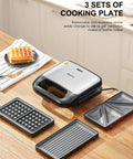 Reemix 3-In-1 Waffle Grill And Sandwich Maker Panini Press With 750W Power displaying three removable cooking plates.