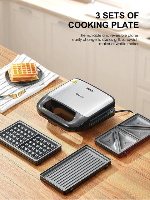 Reemix 3-In-1 Waffle Grill And Sandwich Maker Panini Press With 750W Power displaying three removable cooking plates.