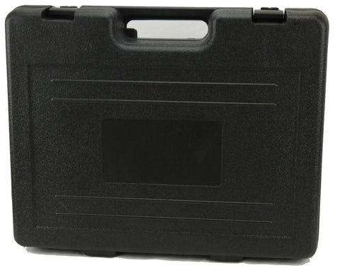 Badass Magnetic Drill With Integrated Knock Out Mode For Serious Construction Grinds storage case with handle, sturdy black plastic design.