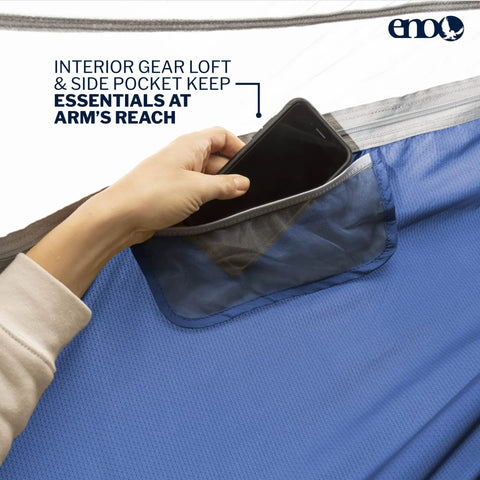 Interior pocket of JungleNest Pacific Hammock With Extended 10 Foot Length Structural Ridgeline Featherlite DAC Spreader Bar boosts space