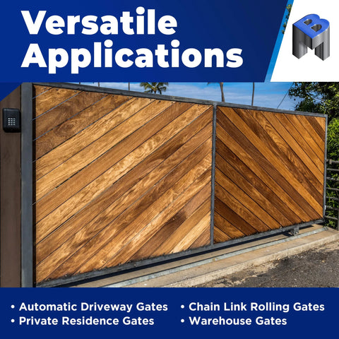 Wooden automatic driveway gate with cast iron V groove gate wheel for versatile applications.