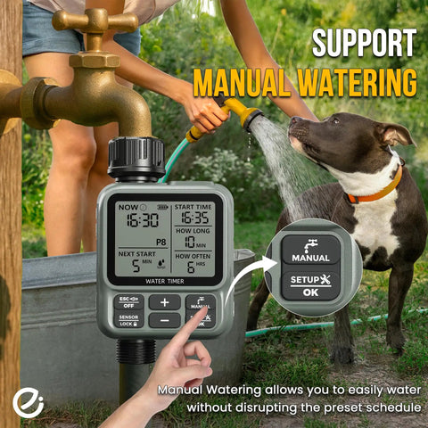 Outdoor Garden Hose Sprinkler Timer With Auto Manual And Rain Delay Modes Large LCD Display next to faucet and dog
