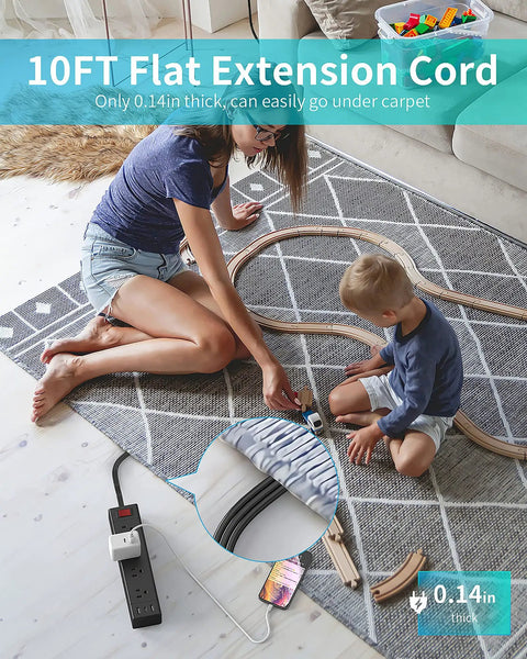Flat 10ft Power Strip With USB C And 12 Outlets Surge Protector under rug, showing tangle-free extension use for home office.