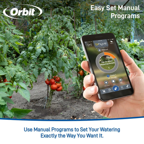 Smart Hose Watering Timer With Auto Scheduling For Gardens app interface controlling garden watering with orange tomatoes