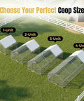 Four outdoor coops on grass showing size options for Large Metal Chicken Run Walk-In Coop 9.8 Ft Long By 6.5 Ft Wide By 6.5 Ft High For 15-20 Hens